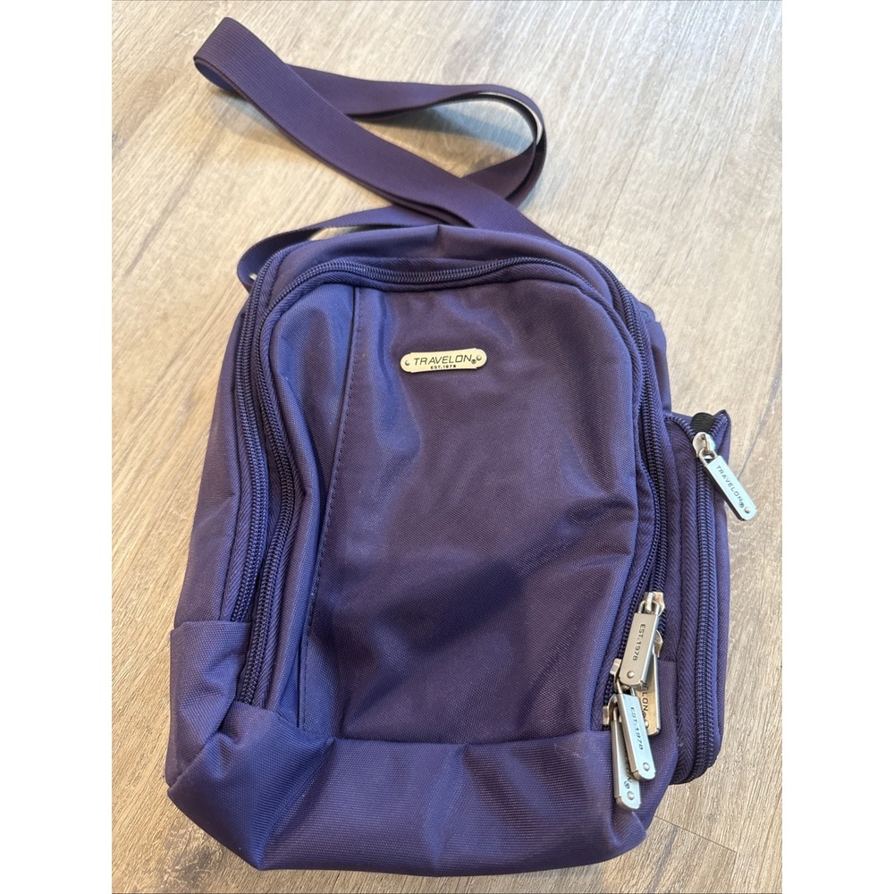 Travelon Boarding Bag Purple RFID Card Slots Passport Section Bottle Holder